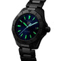 A black TAG Heuer Aquaracer 200 Professional Solargraph watch with a blue dial, luminous hands and markers, date display at 3 o’clock, and classic Aquaracer design.