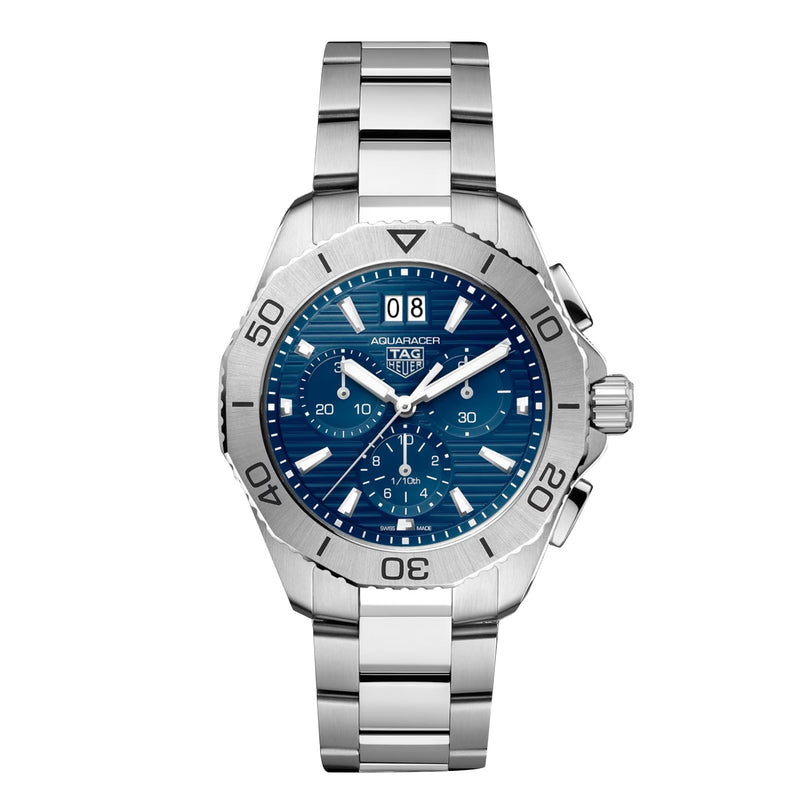 The TAG Heuer Aquaracer 200 Professional Solargraph is a stainless steel chronograph wristwatch with a blue dial, silver hour markers, three subdials, date window, rotating bezel, and link bracelet—a luxury standout.