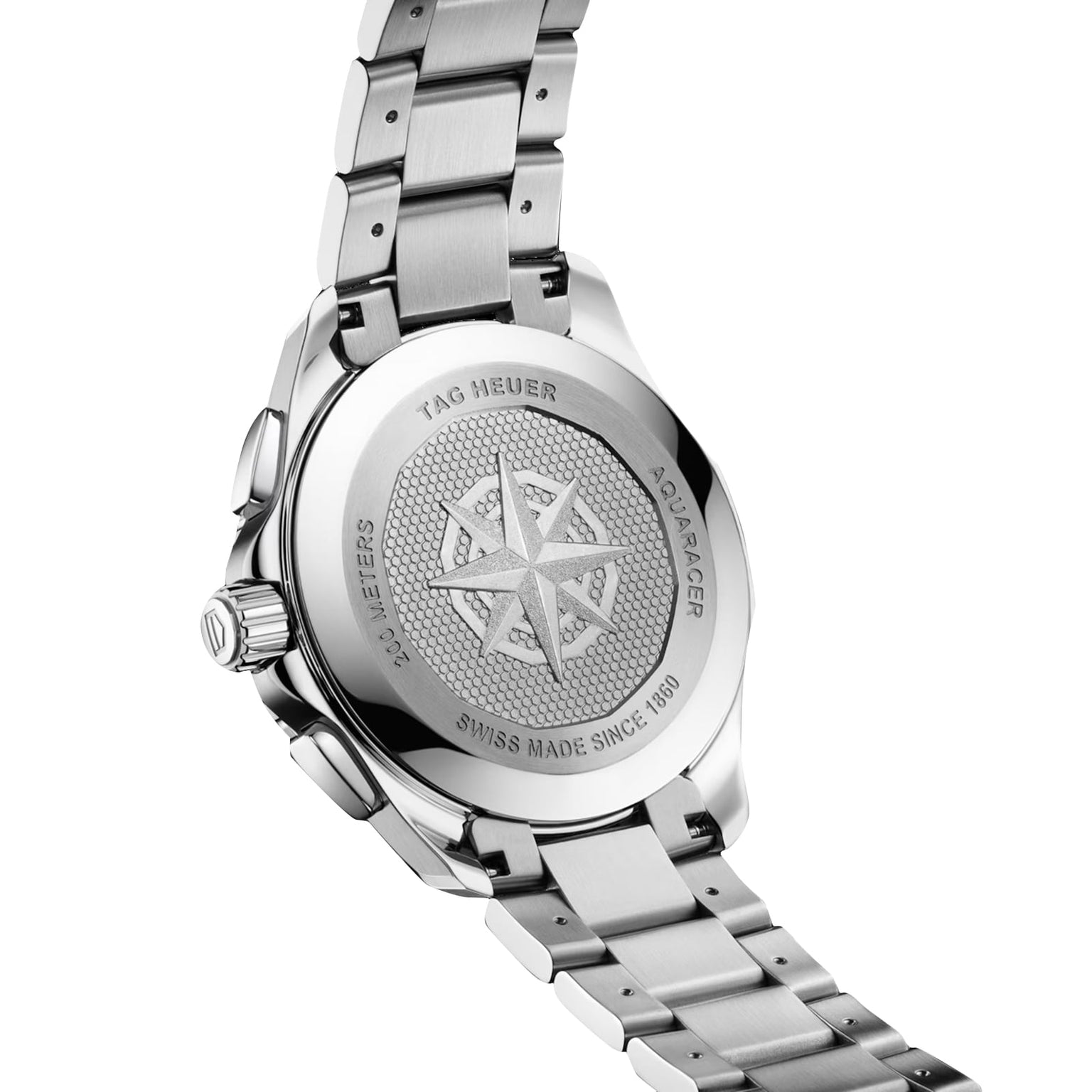 Back view of the TAG Heuer Aquaracer 200 Professional Solargraph reveals its stainless steel case, engraved compass design, and metal bracelet—a striking example of TAG Heuer luxury.
