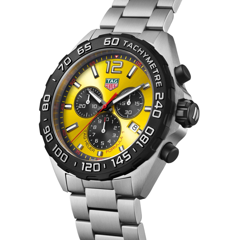 Inspired by motor racing, the TAG Heuer Formula 1 Chronograph features a bold yellow gradient dial, black bezel, three subdials, date display, and a stainless steel bracelet.