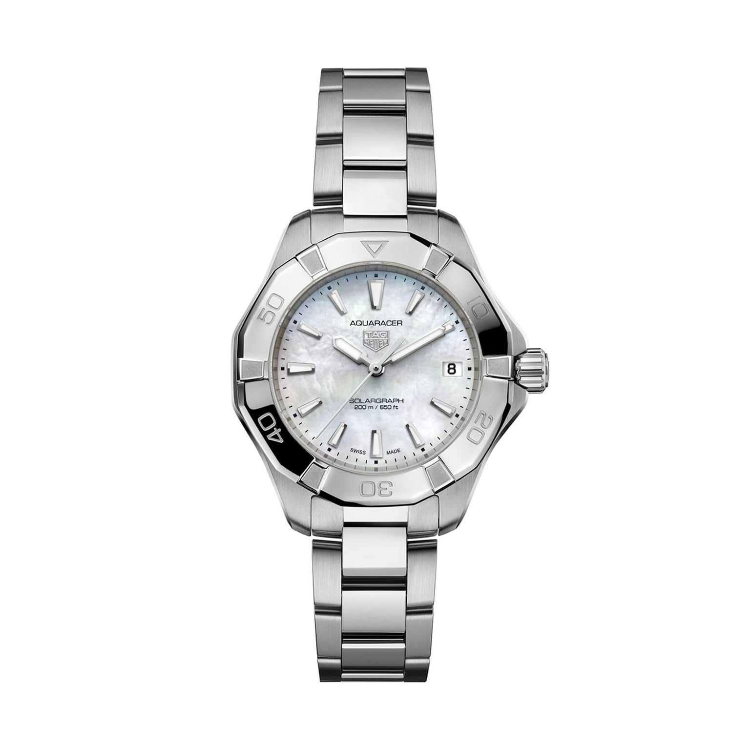 The TAG Heuer Aquaracer 200 Professional Solargraph is a stainless steel watch with a silver link band, white dial, date window at 3 oclock, black bezel accents, and solar-powered performance via the innovative Solargraph module.