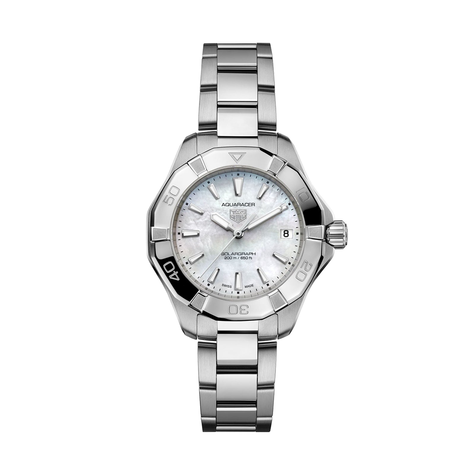 The TAG Heuer Aquaracer 200 Professional Solargraph is a stainless steel watch with a silver link band, white dial, date window at 3 oclock, black bezel accents, and solar-powered performance via the innovative Solargraph module.