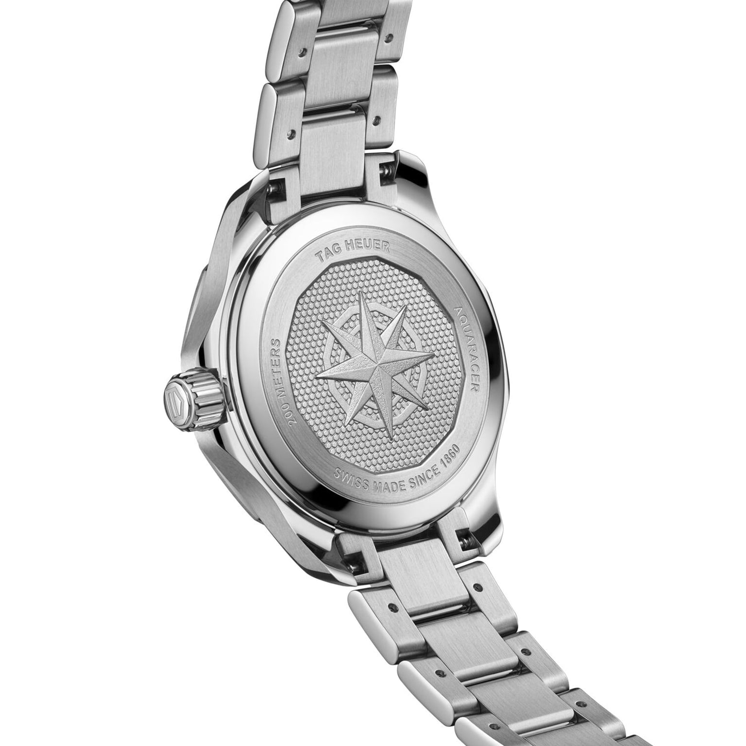 The back of the TAG Heuer Aquaracer 200 Professional Solargraph displays an engraved compass rose and branding, highlighting the advanced solar-powered Solargraph module.