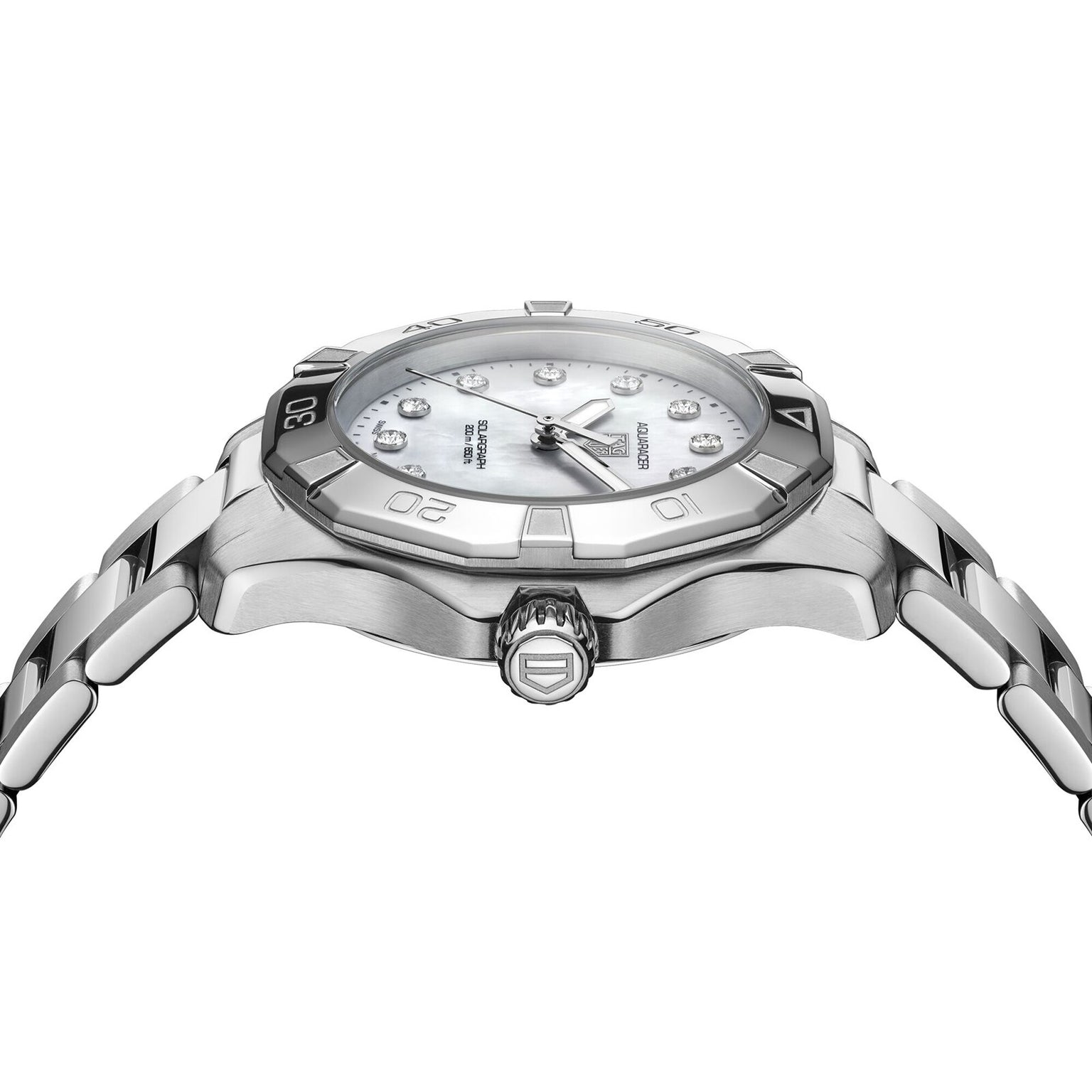 Side view of the TAG Heuer Aquaracer 200 Professional Solargraph, a stainless steel sports watch with silver metal band, white dial with gemstone hour markers, logo crown, and bezel featuring minute markers.