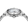 Side view of the TAG Heuer Aquaracer 200 Professional Solargraph, a stainless steel sports watch with silver metal band, white dial with gemstone hour markers, logo crown, and bezel featuring minute markers.