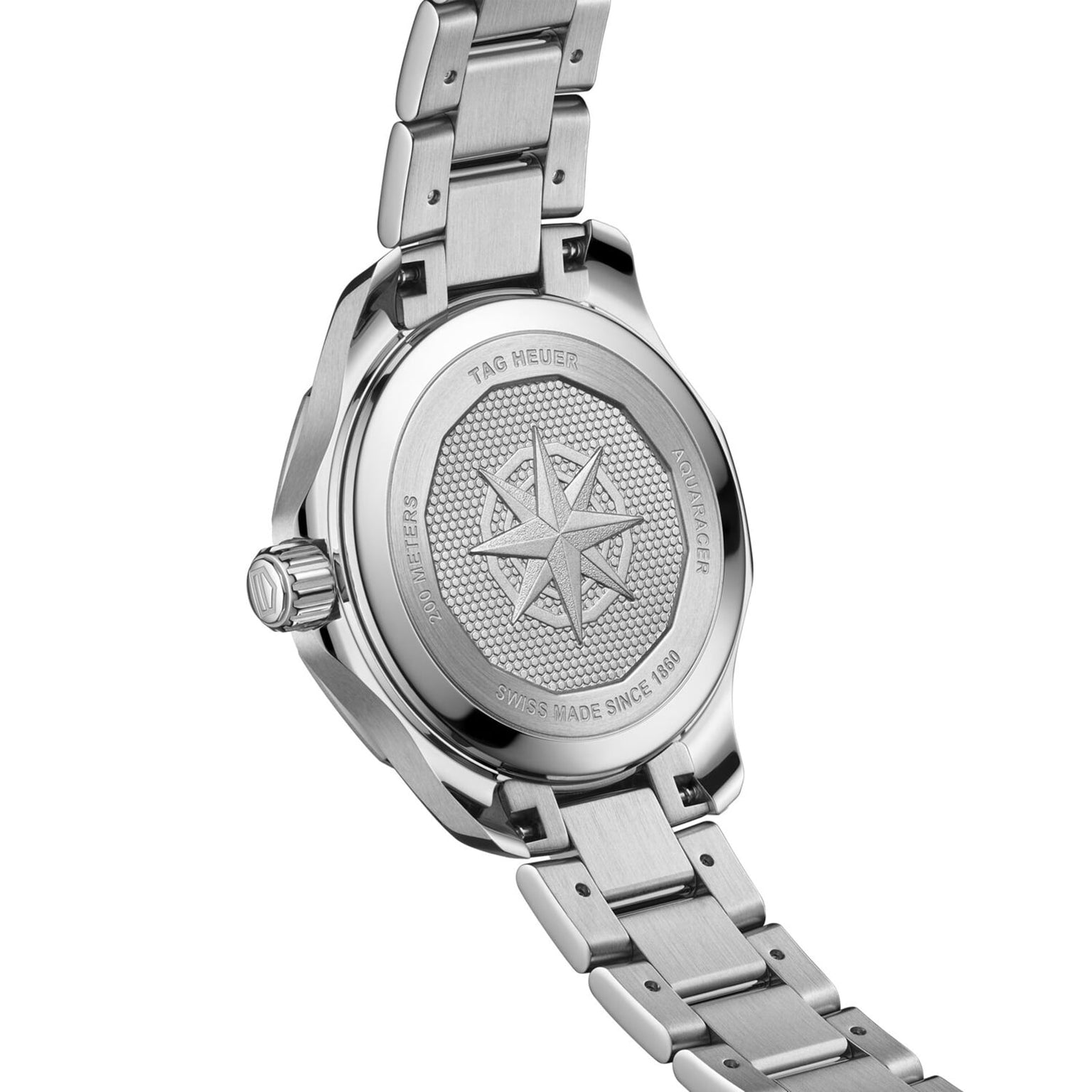 Close-up of the back of a TAG Heuer Aquaracer 200 Professional Solargraph watch featuring an engraved compass design, Swiss Made inscriptions, and a stainless steel case and bracelet.