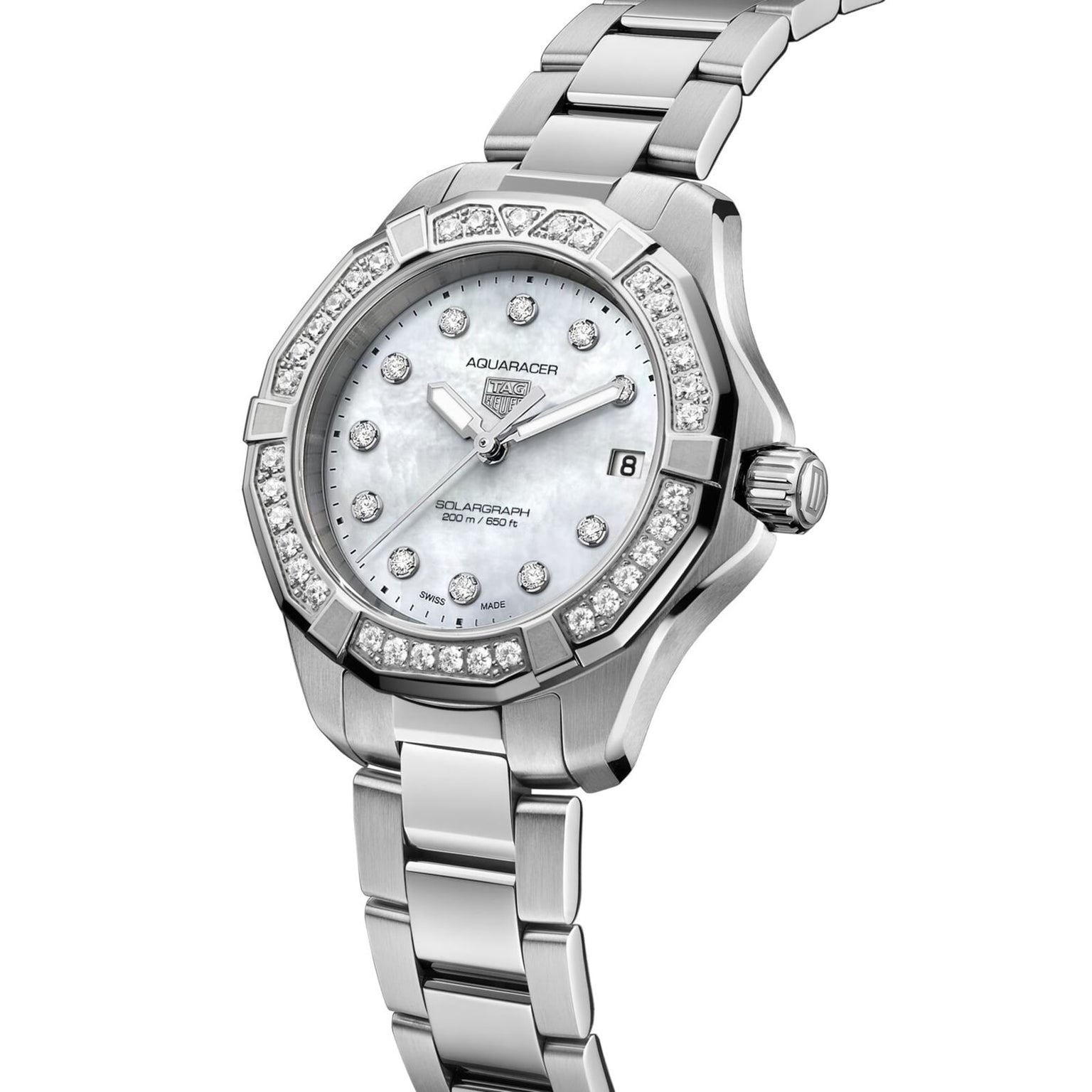 The TAG Heuer Aquaracer 200 Professional Solargraph is a silver watch with a diamond-set bezel, mother-of-pearl dial, date window, and stainless steel bracelet, featuring advanced solar power for reliable performance.