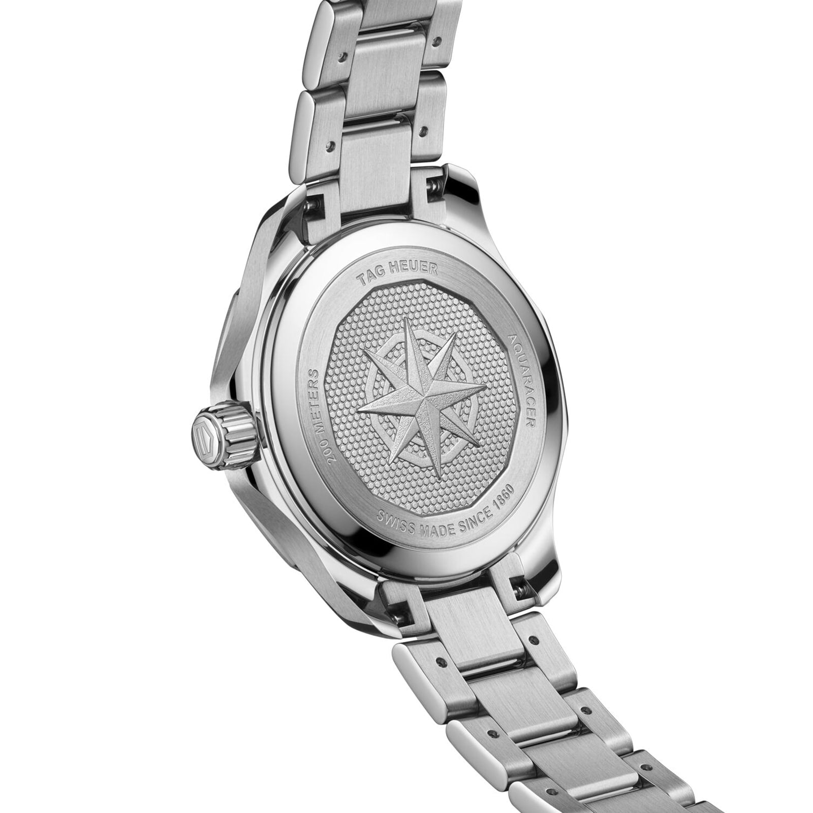 The image displays the back of a TAG Heuer Aquaracer 200 Professional Solargraph watch with an engraved compass rose and brand details, highlighting its innovative Solargraph module.