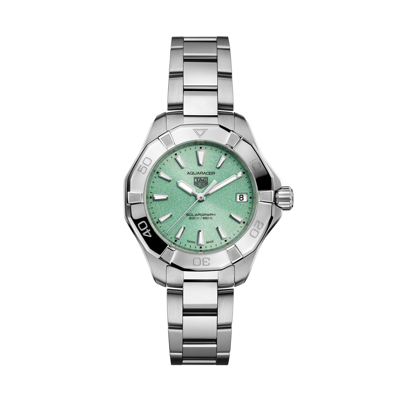 The TAG Heuer Aquaracer 200 Professional Solargraph is a silver wristwatch with a mint green textured dial, date display at 3 o’clock, and a stainless steel bracelet.