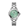 The TAG Heuer Aquaracer 200 Professional Solargraph is a silver wristwatch with a mint green textured dial, date display at 3 o’clock, and a stainless steel bracelet.