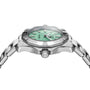 Side view of the TAG Heuer Aquaracer 200 Professional Solargraph, a stainless steel watch with a mint green dial, silver indices, and metal bracelet. The right-side crown and case reflect subtle Northern Lights-inspired hues.