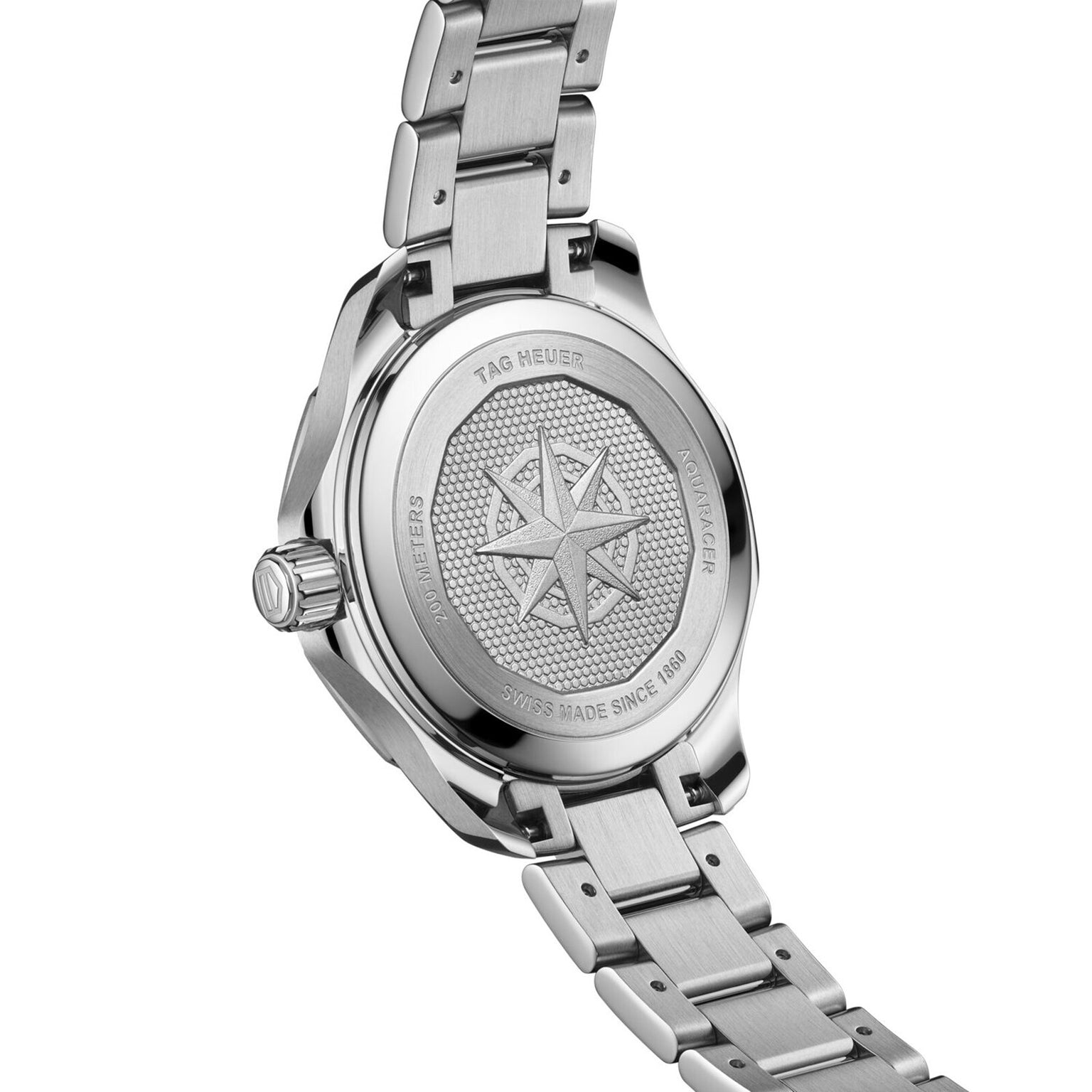 Close-up of the back of a TAG Heuer Aquaracer 200 Professional Solargraph, featuring an engraved compass design on the case back and a metal bracelet.