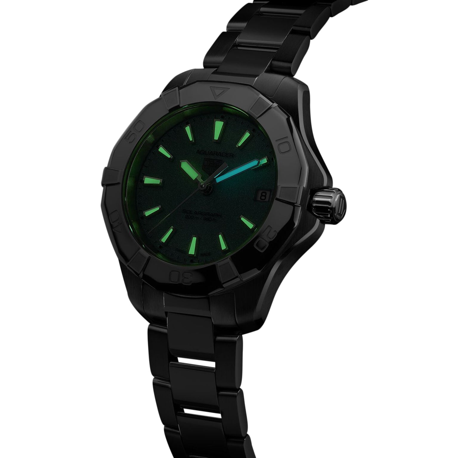 The TAG Heuer Aquaracer 200 Professional Solargraph features a black case, green Northern Lights-inspired dial, luminous markers, a date window at 3 o’clock, and a metal bracelet.