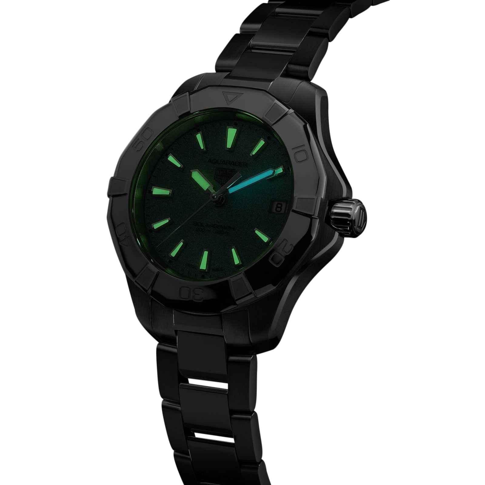 The TAG Heuer Aquaracer 200 Professional Solargraph features a black case, green Northern Lights-inspired dial, luminous markers, a date window at 3 o’clock, and a metal bracelet.