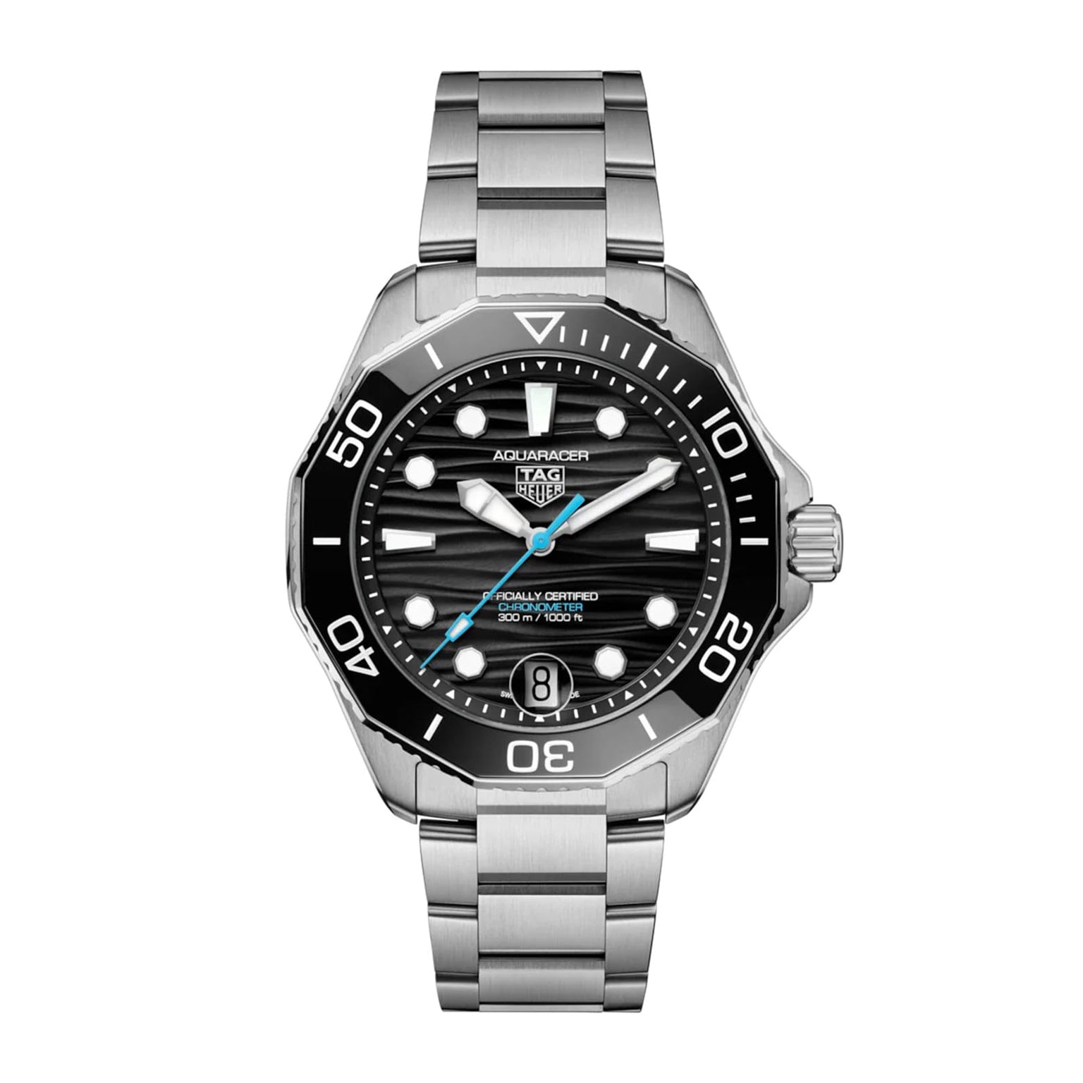 The TAG Heuer Aquaracer Professional 300 Date features a stainless steel bracelet, black rotating bezel, textured black dial with circular markers, and a blue second hand—an iconic luxury dive watch.
