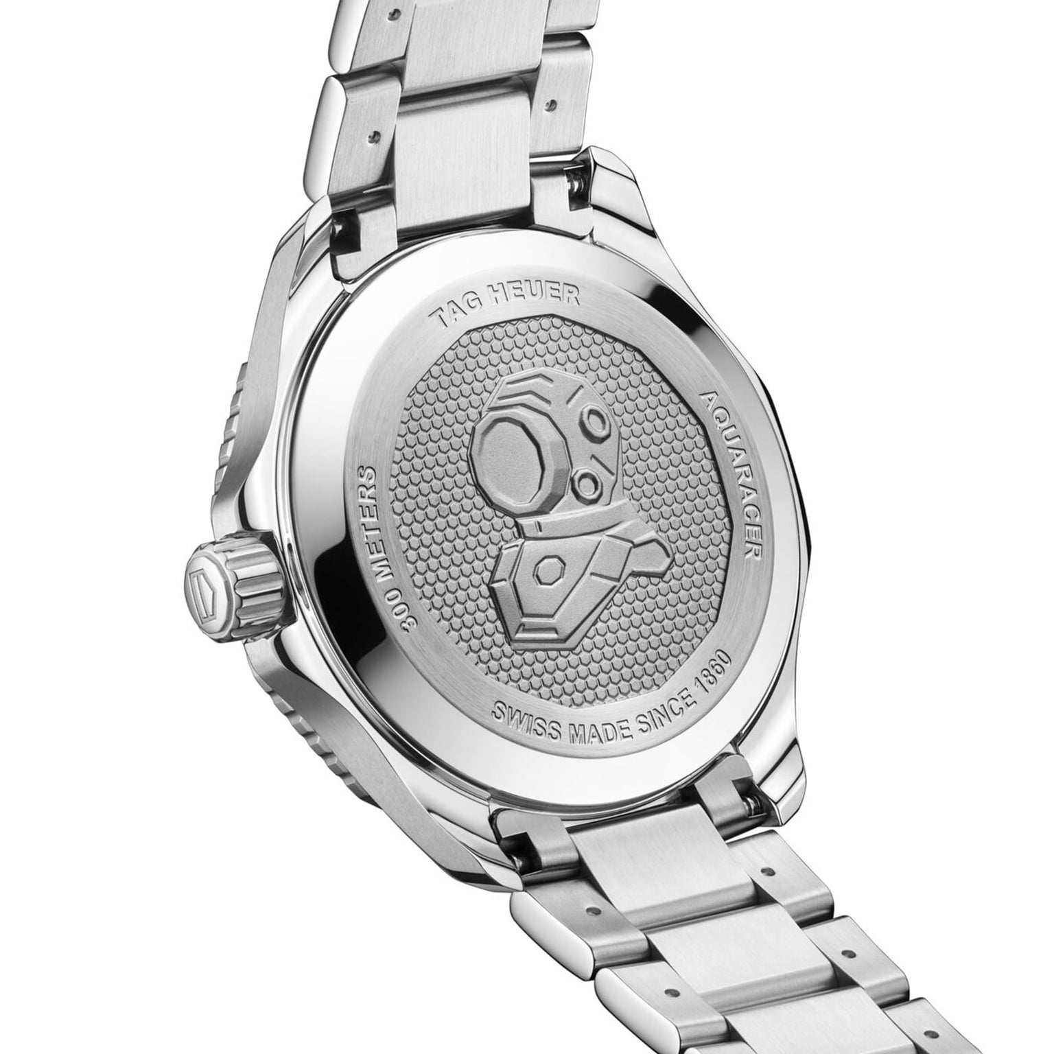 The back of the TAG Heuer Aquaracer Professional 300 Date features engraved details like a diving helmet, hexagonal pattern, and text noting water resistance and Swiss origin—classic marks of TAG Heuer craftsmanship.