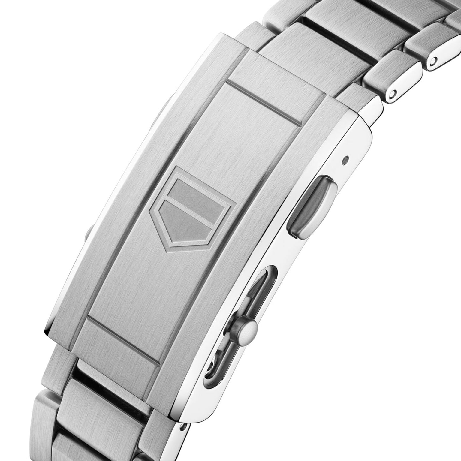 Close-up of the stainless steel bracelet clasp on the TAG Heuer Aquaracer Professional 300 Date, featuring an engraved shield logo and side push button release, highlighting the precision of this luxury watch.