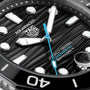 Close-up of a TAG Heuer Aquaracer Professional 300 Date watch face featuring a textured dial, bold hour markers, and precise time display.
