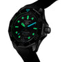 The TAG Heuer Aquaracer Professional 300 Date features a black design with glowing green hour markers and hands, ensuring exceptional luminescence in low light—an impressive addition to the luxury watch collection.