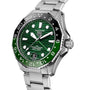 The TAG Heuer Aquaracer Professional 300 GMT features a green dial, black and green bezel, stainless steel bracelet, and displays both time and date.