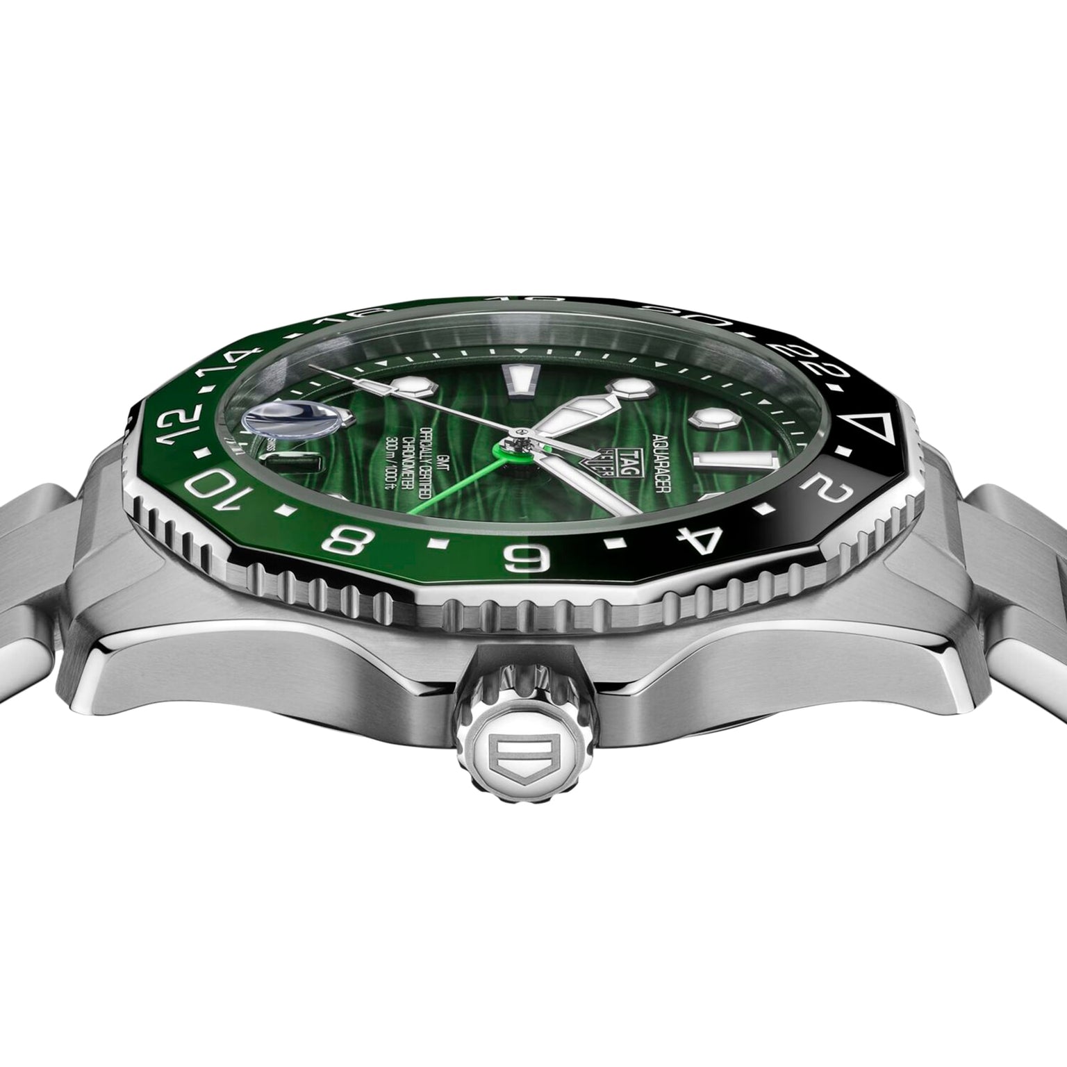 Side view of the TAG Heuer Aquaracer Professional 300 GMT featuring a green textured dial, silver markers, black and green 24-hour bezel, and a stainless steel bracelet.