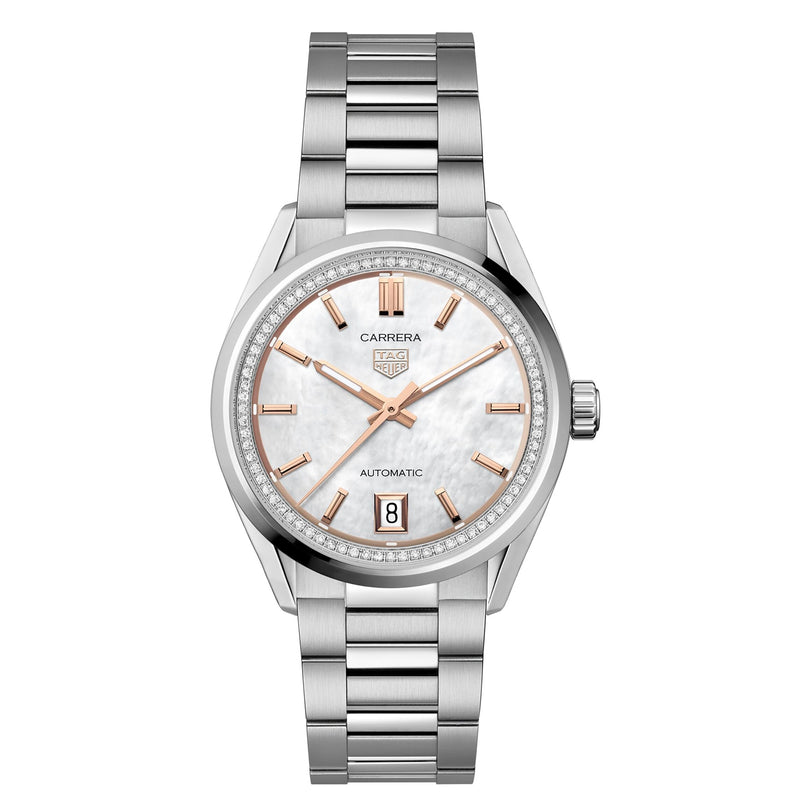 The TAG Heuer Carrera Date wristwatch features a silver metal bracelet, shimmering mother-of-pearl dial, gold-tone markers and hands, automatic movement, and a date display at 6 o’clock.