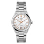 The TAG Heuer Carrera Date wristwatch features a silver metal bracelet, shimmering mother-of-pearl dial, gold-tone markers and hands, automatic movement, and a date display at 6 o’clock.