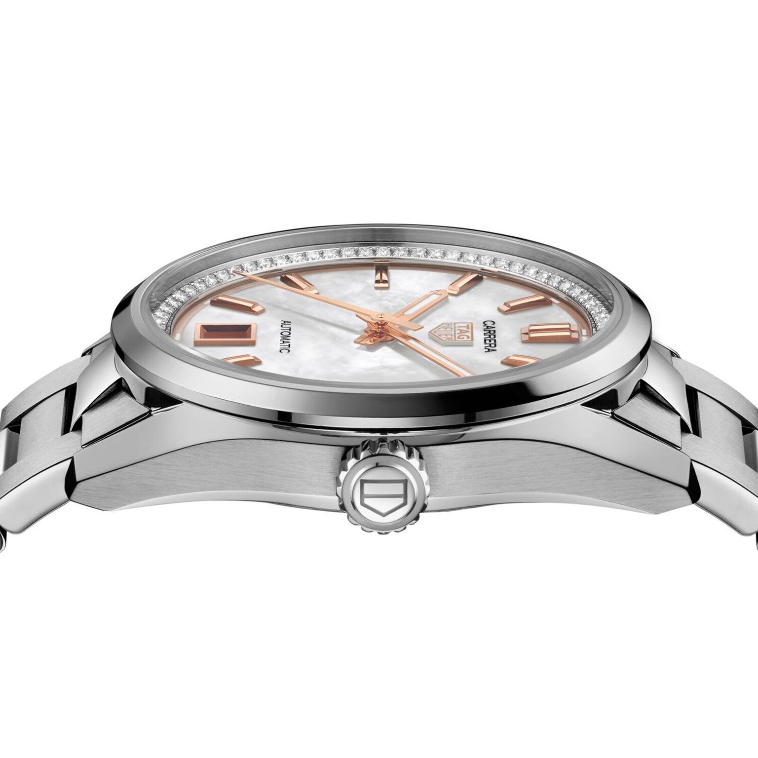 Close-up side view of the TAG Heuer Carrera Date wristwatch featuring a mother of pearl dial, rose gold hour markers and hands, and a stainless steel band.