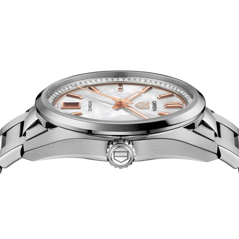 Close-up side view of the TAG Heuer Carrera Date wristwatch featuring a mother of pearl dial, rose gold hour markers and hands, and a stainless steel band.