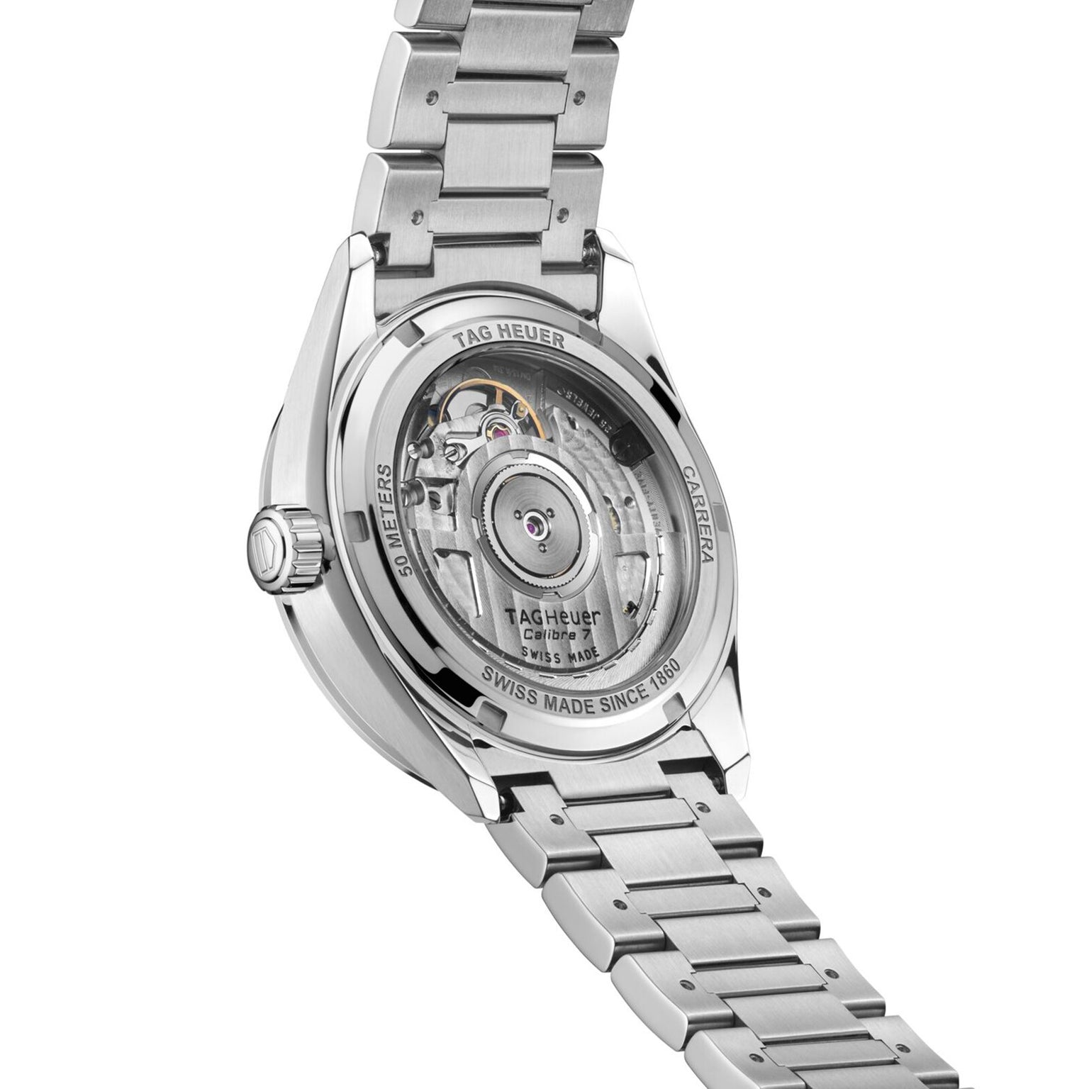 Close-up of the back of the TAG Heuer Carrera Date from the Carrera collection, showing its automatic movement through a transparent case back and paired with a stainless steel bracelet.