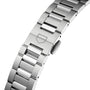 Close-up of a stainless steel bracelet with a fold-over clasp engraved with the shield logo, from the TAG Heuer Carrera Date collection.