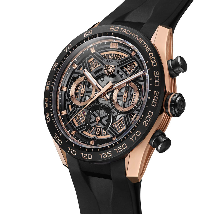 The TAG Heuer Carrera Chronograph Extreme Sport features a skeleton dial, black tachymeter bezel, and black rubber strap—a stylish choice for motorsport enthusiasts.