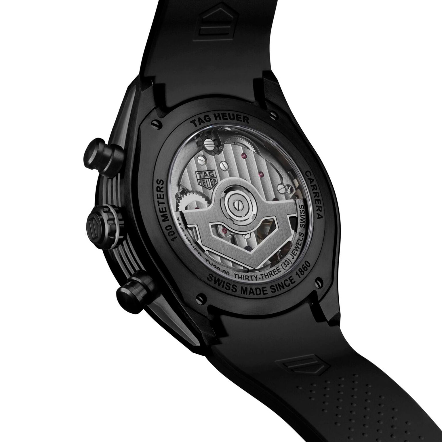 Close-up of the back of the TAG Heuer Carrera Chronograph Extreme Sport, revealing its exposed mechanical movement and black case.
