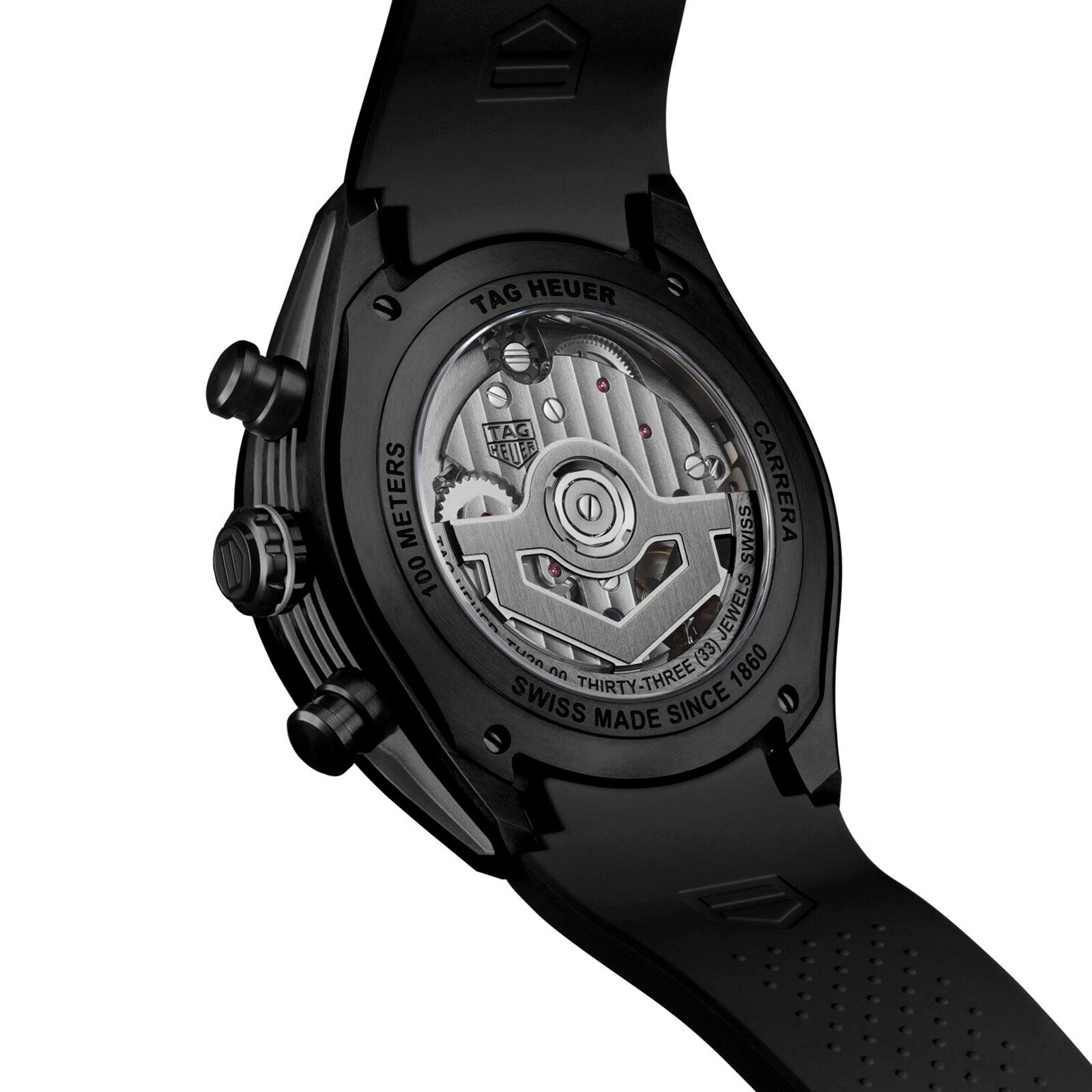 Close-up of the back of the TAG Heuer Carrera Chronograph Extreme Sport, revealing its exposed mechanical movement and black case.