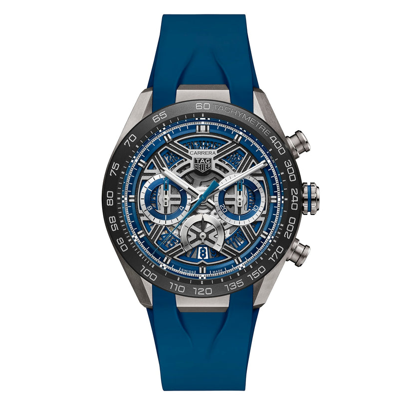 The TAG Heuer Carrera Chronograph Extreme Sport features a blue and silver design, skeleton dial, chronograph subdials, tachymeter bezel, blue rubber strap, and is powered by the TH20-00 movement.
