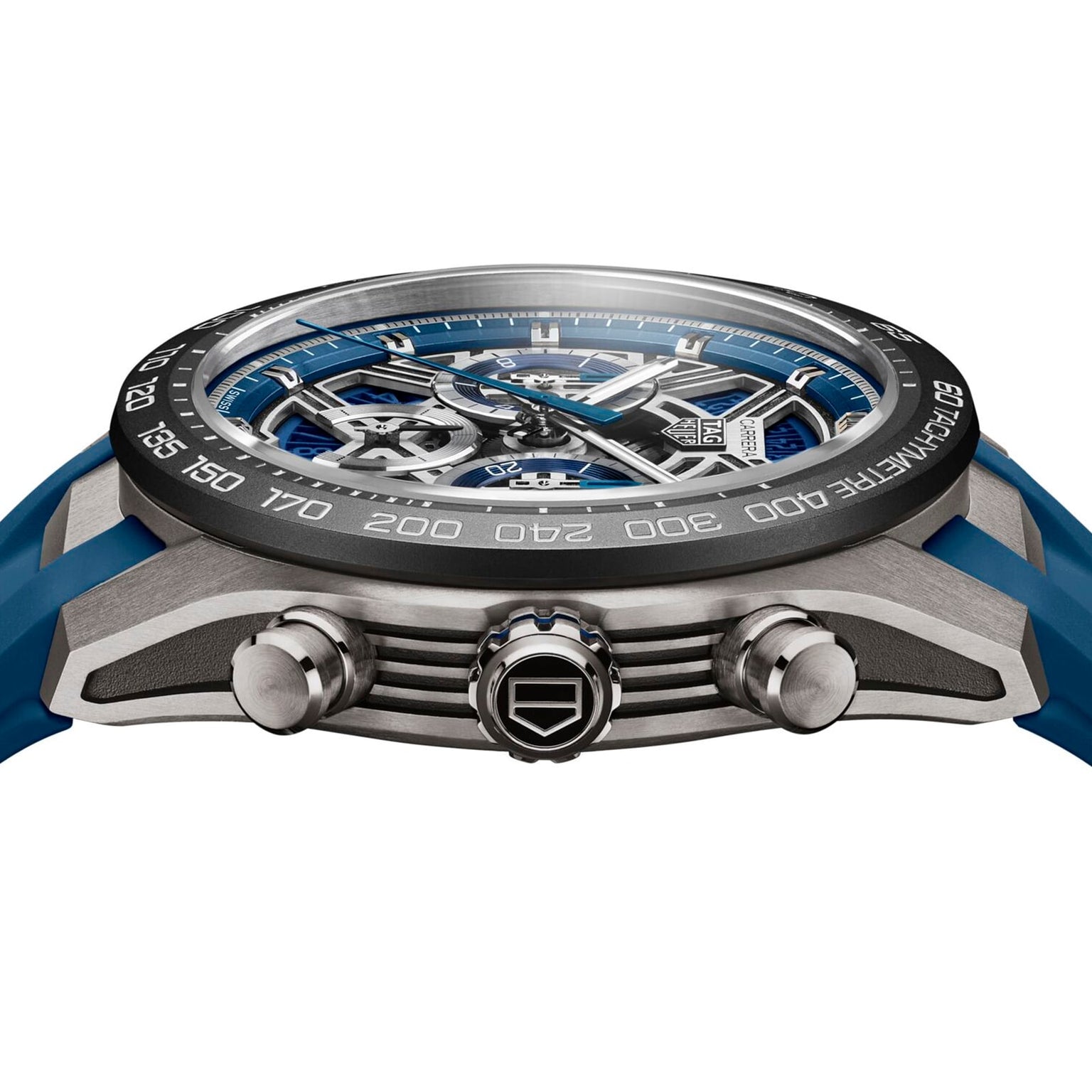 Close-up side view of the TAG Heuer Carrera Chronograph Extreme Sport, featuring a blue strap, exposed gears powered by the TH20-00 movement, and three metal pushers on the side.