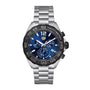 The TAG Heuer Formula 1 Chronograph features a stainless steel case, blue dial, black tachymeter bezel, silver indices, and a metal link bracelet.