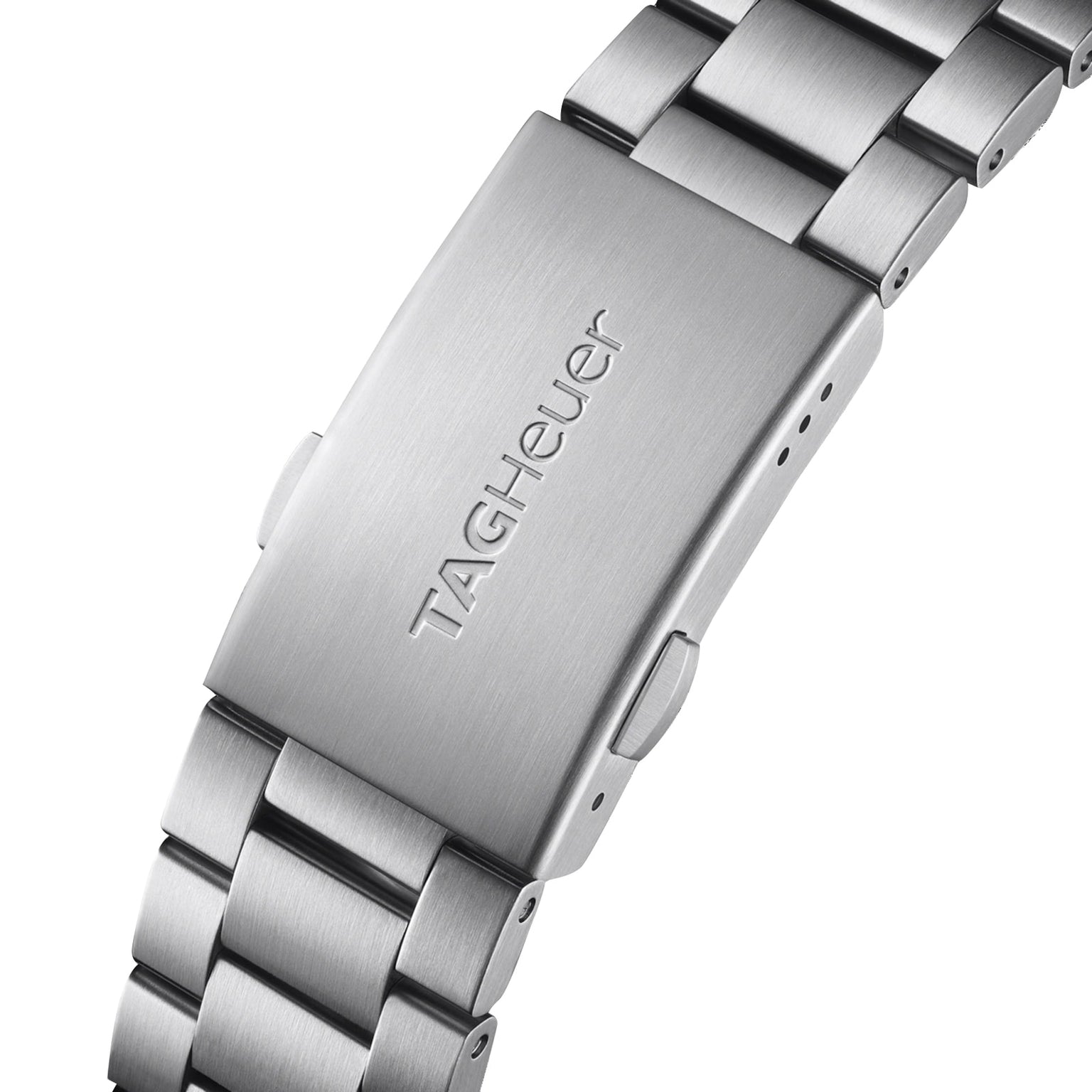 Close-up of a brushed stainless steel bracelet clasp on the TAG Heuer Formula 1 Chronograph, featuring the engraved TAG Heuer logo.