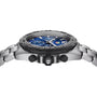 Side view of a TAG Heuer Formula 1 Chronograph watch featuring a stainless steel case, blue dial, silver bracelet, and two push buttons flanking the crown.