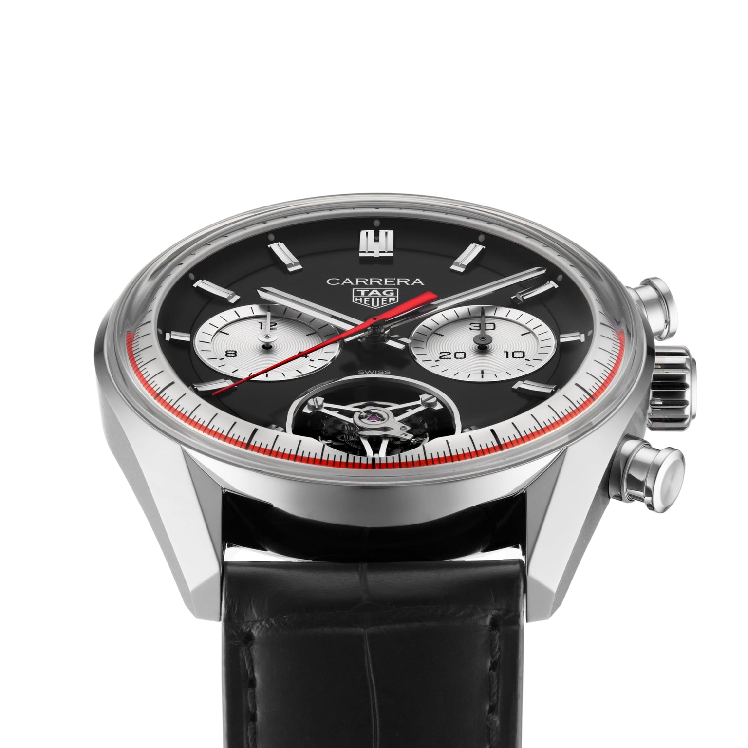 The TAG Heuer Carrera Tourbillon Centenary The Watches of Switzerland Group Exclusive features a black dial, two subdials, red accents, and a black leather strap, presented at an angle.