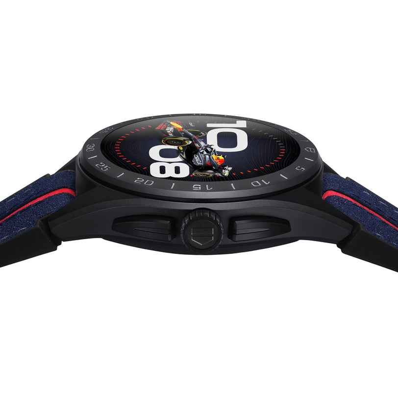 A close-up side view of the TAG Heuer Special Edition Connected Calibre E4 x Oracle Red Bull Racing features large white numerals and a motorcycle racer on its black dial, paired with a blue strap accented in red.