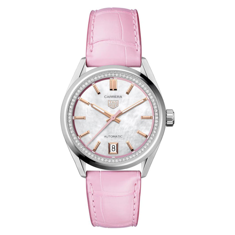 The TAG Heuer Carrera Calibre 7 features a pink leather strap, silver case, mother-of-pearl dial, diamond bezel, rose gold-plated indexes, and a date display at 6 o’clock.
