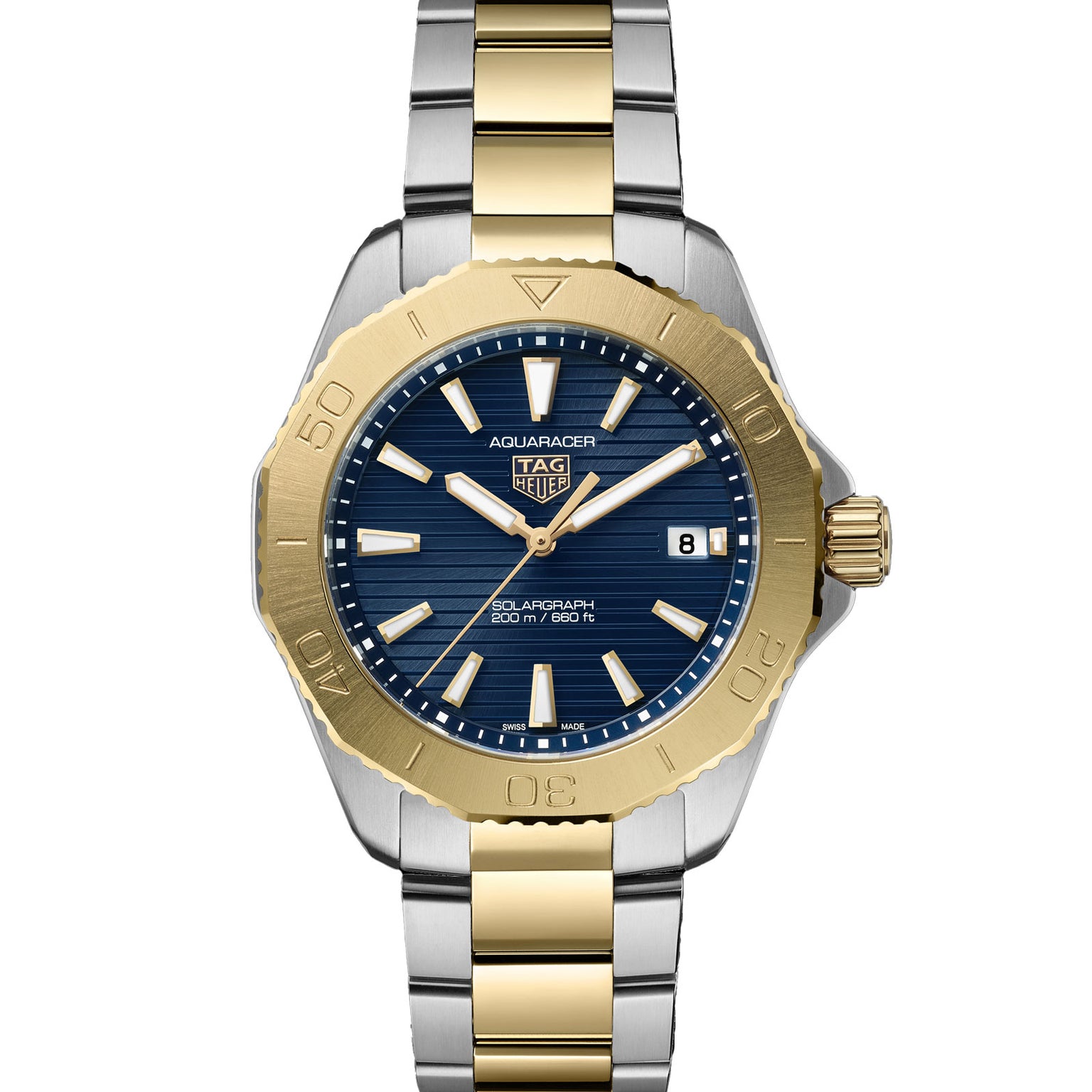 The TAG Heuer Aquaracer Professional 200 Solargraph features a blue dial, gold bezel, date display, two-tone bracelet, and advanced Solargraph technology for exceptional performance.