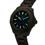 The TAG Heuer Aquaracer Professional 200 Solargraph features a dark metal case and band, glowing green markers and hands, plus a date display set to 8.