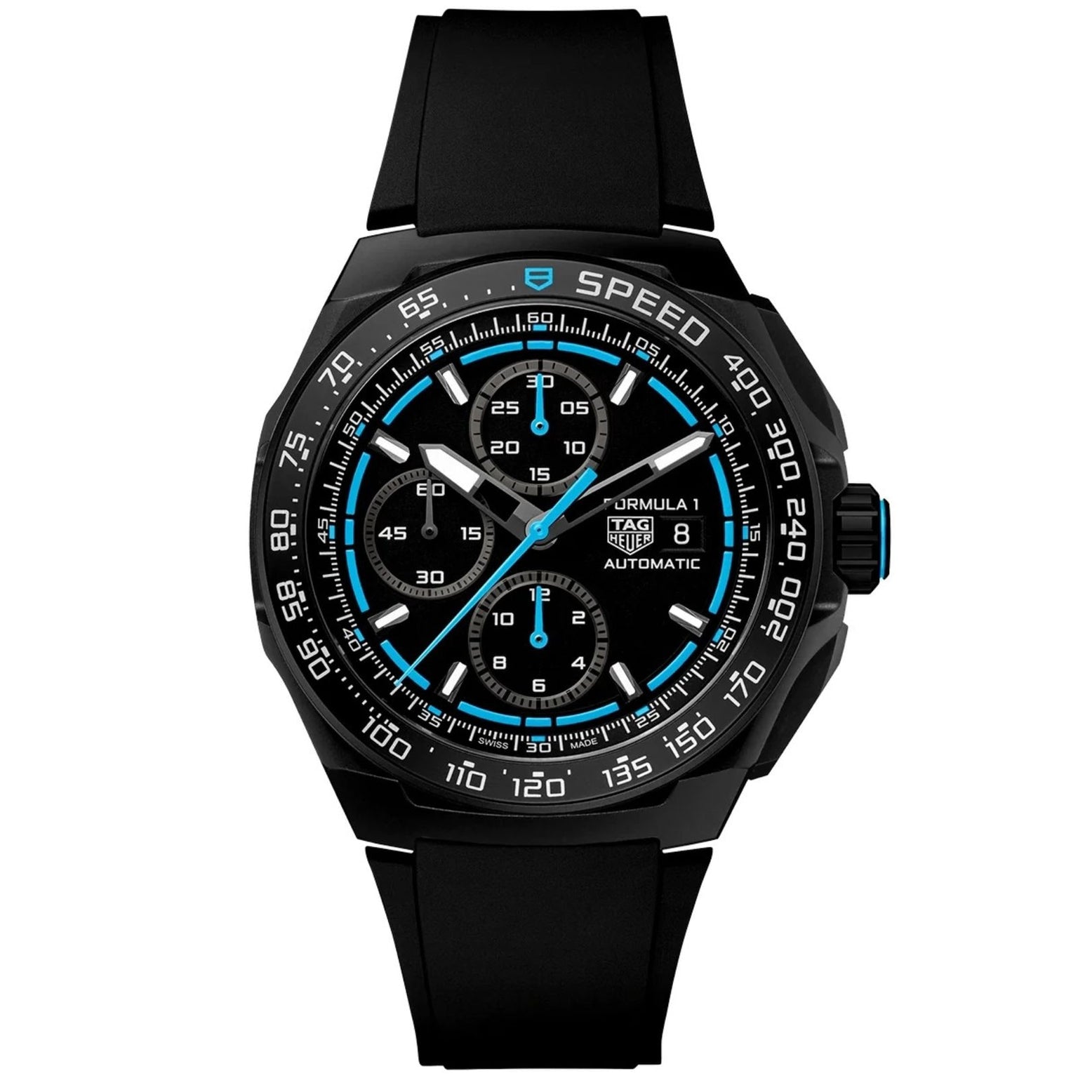 TAG Heuer Formula 1 Chronograph with black dial, blue accents, tachymeter bezel, black rubber strap, three subdials, and date display at 3 o’clock.