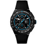 TAG Heuer Formula 1 Chronograph with black dial, blue accents, tachymeter bezel, black rubber strap, three subdials, and date display at 3 o’clock.