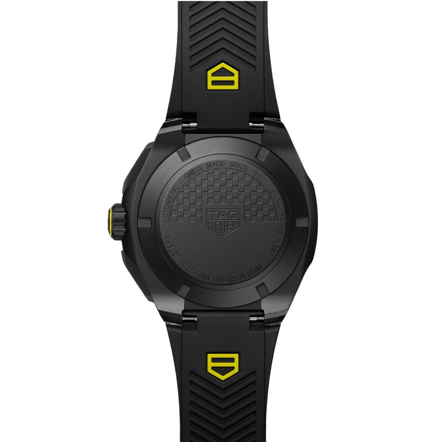 Back view of the TAG Heuer Formula 1 Chronograph watch featuring a black design, yellow-accented strap, and a textured case back.
