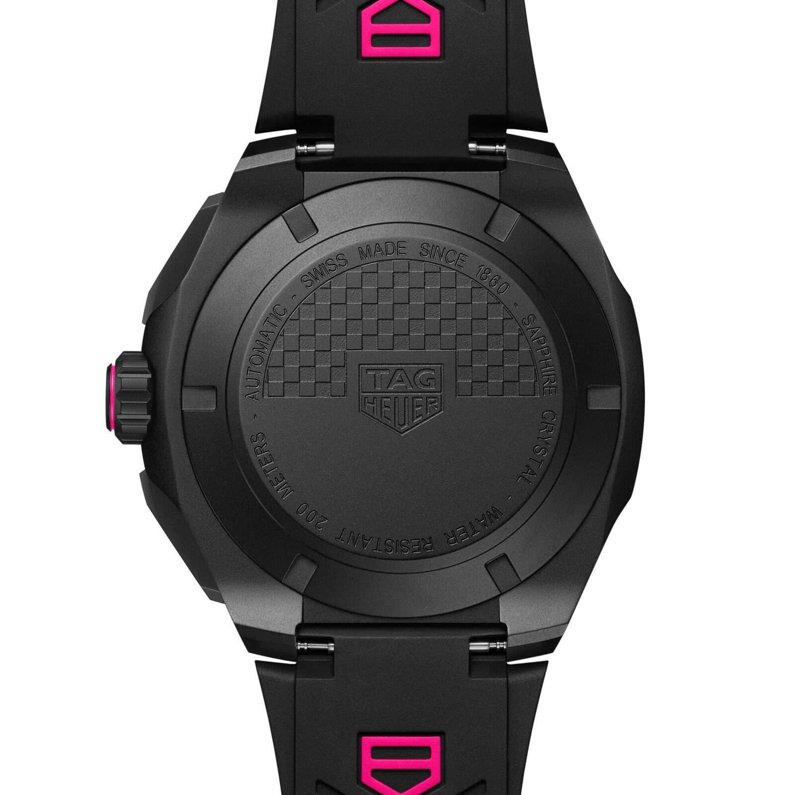 Back view of the TAG Heuer Formula 1 Chronograph Limited Edition with a round case, engraved logo and text, black strap with pink accents, and a checkered motorsports-inspired case back displaying technical specs.