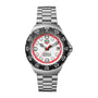 The TAG Heuer Formula 1 Solargraph is a silver watch featuring a white and red dial, black bezel, and metal bracelet.
