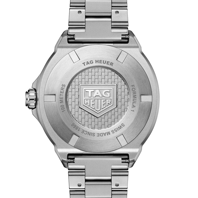 The back of a TAG Heuer Formula 1 Solargraph watch, displaying the engraved logo and branding details on its stainless steel case.